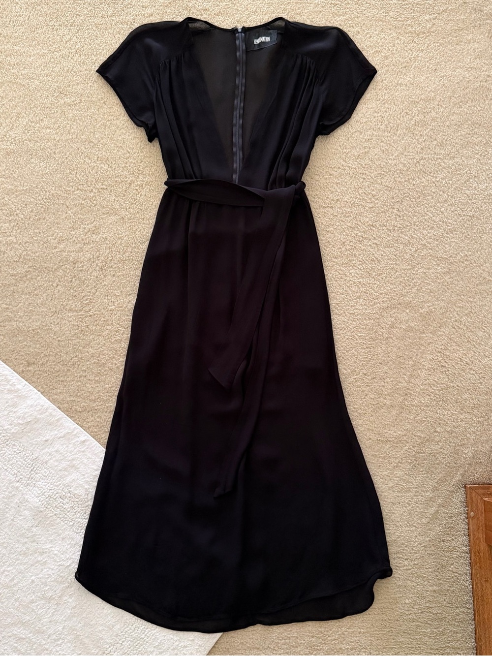 Reformation Thalia Sheer Deep-V Black Long Dress with Tie Waist - Size 2